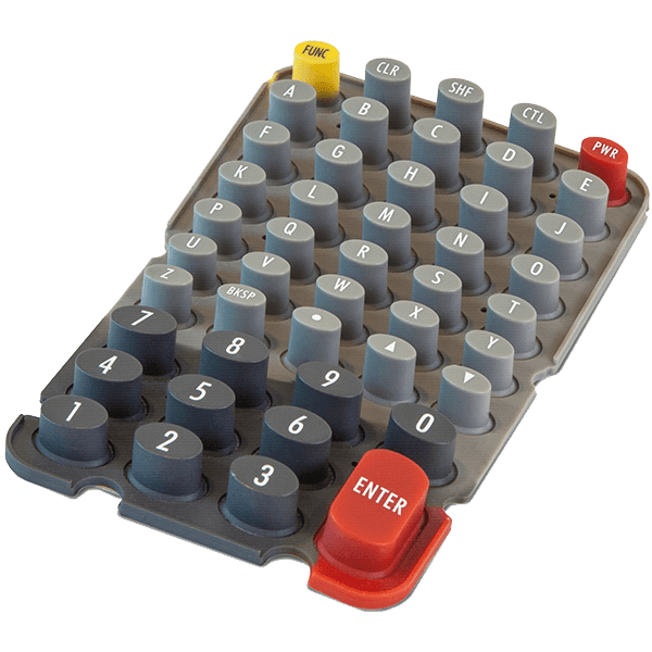 Custom rubber keypad with alphanumeric keys and color-coded function buttons